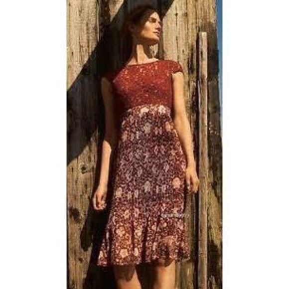 Plenty Anthropologie Women's Arcadia Accordion Pleated Laced Midi Dress Brown Si - Picture 1 of 12